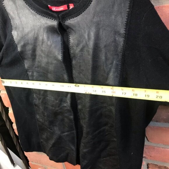 Anne Klein Vintage Y2K Wool Leather Cardigan Sweater Jacket Top Soft Black XL - Picture 16 of 16